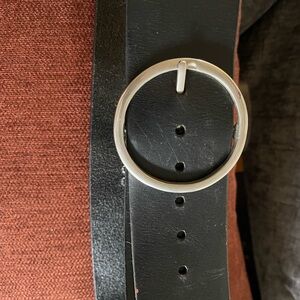 Express Black Leather Belt with White Logo